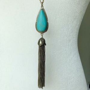 Gold and Simulated Turquoise Tassel Necklace